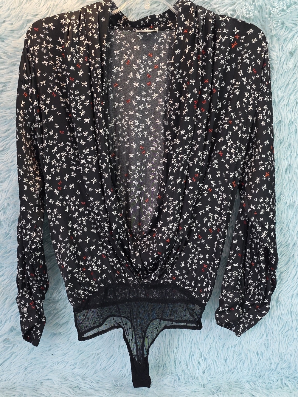 Free People Intimately Ladylike Long Sleeve Black‎ Floral Bodysuit Size S